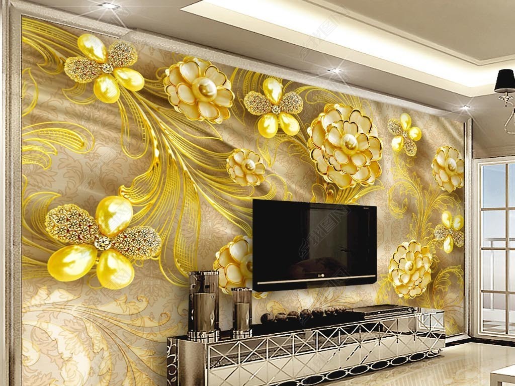 珠宝花卉金色电视背景墙
