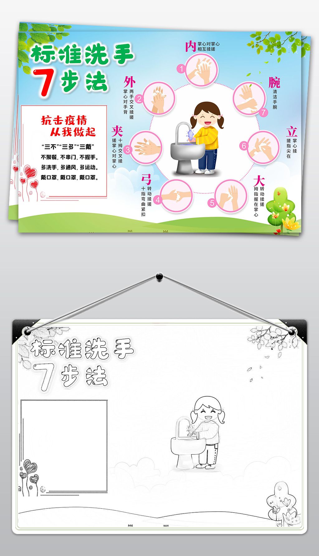 预防新型冠状病毒7步洗手法洗手步骤小报手抄报