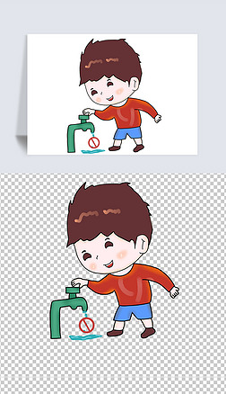 可爱手绘小男孩免抠元素|可爱卡通节约用水的小男孩手绘风格节约用水
