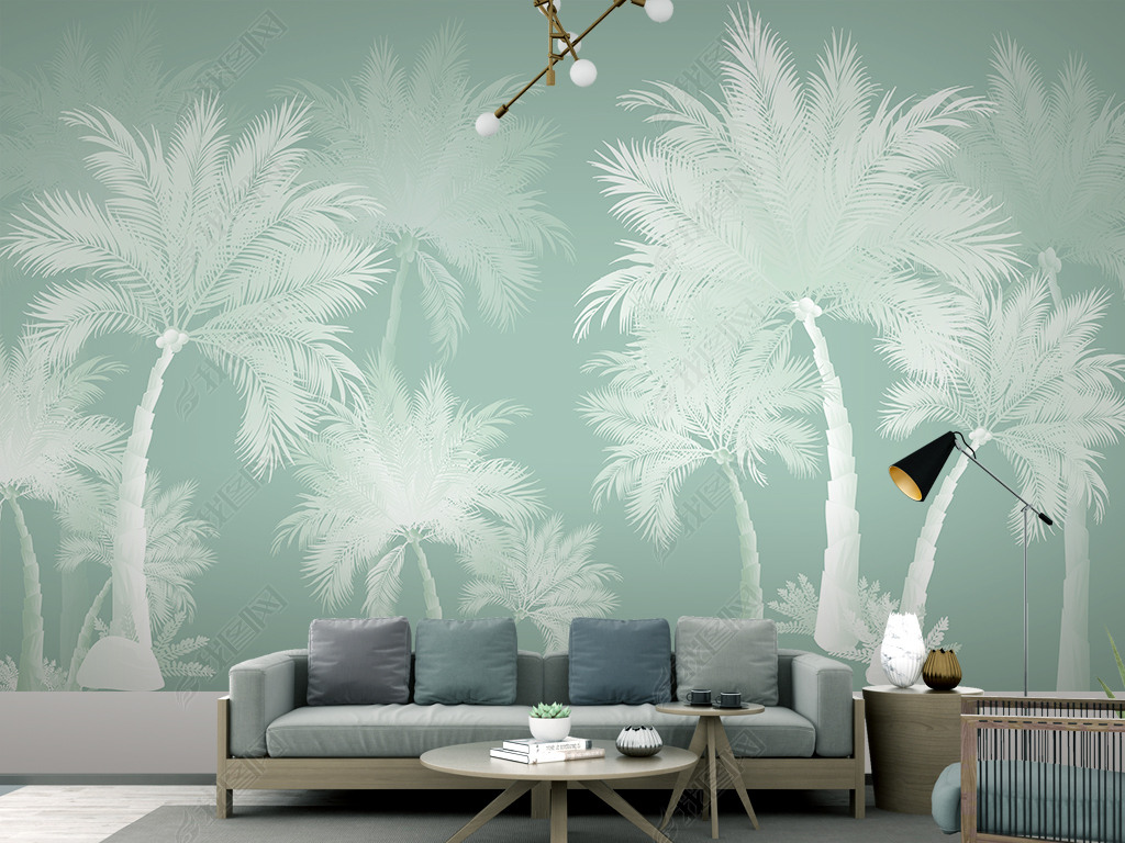 小清新手绘北欧简约热带植物椰子树风景电视背景墙壁画