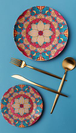 现代波西米亚抽象四方连续花纹餐具盘子圆盘