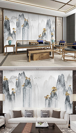 中式高清高山峻岭艺术山水电视背景墙壁画