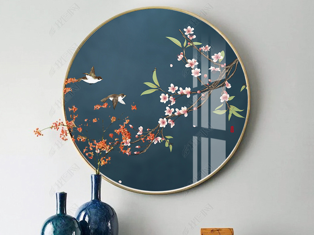 新中式海棠花鸟手绘桃花圆框装饰画圆形挂画