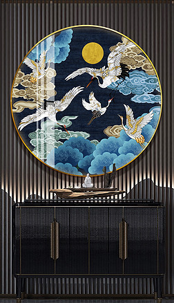 祥云松树装饰画|新中式祥云仙鹤松树国潮装饰画民俗圆框画挂画
