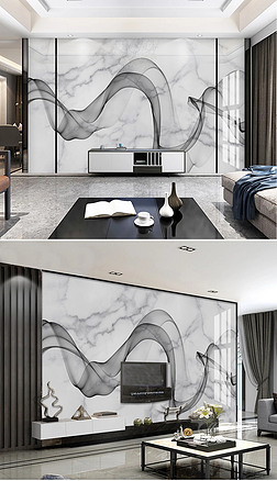 北欧手绘抽象线条烟雾大理石纹爵士白电视背景墙