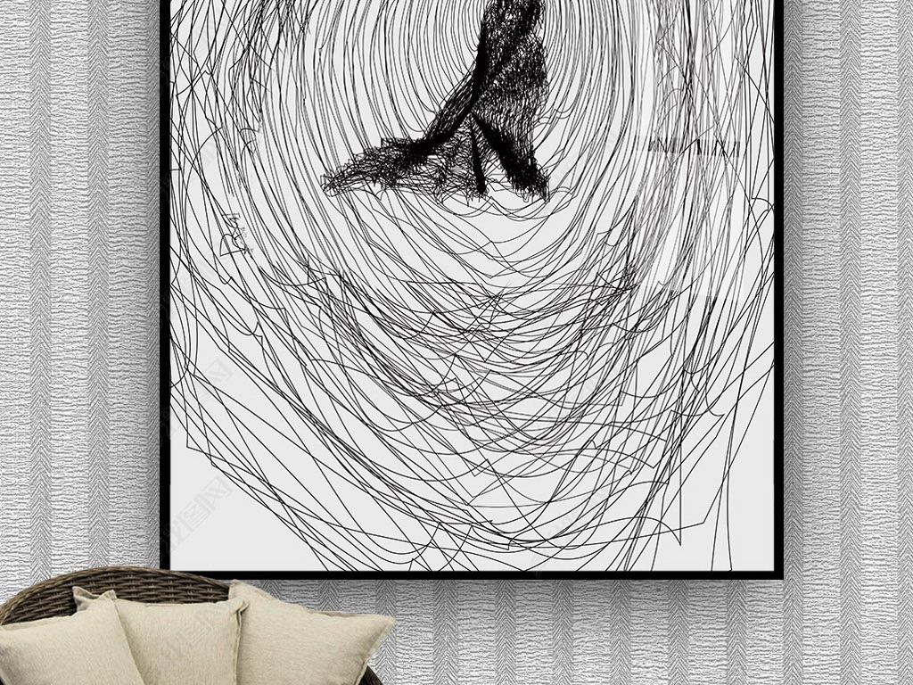 抽象艺术几何线条黑白画后现代玄关装饰画