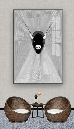 玄关 牛装饰画|牛气冲天抽象艺术几何线条动物后现代玄关装饰画