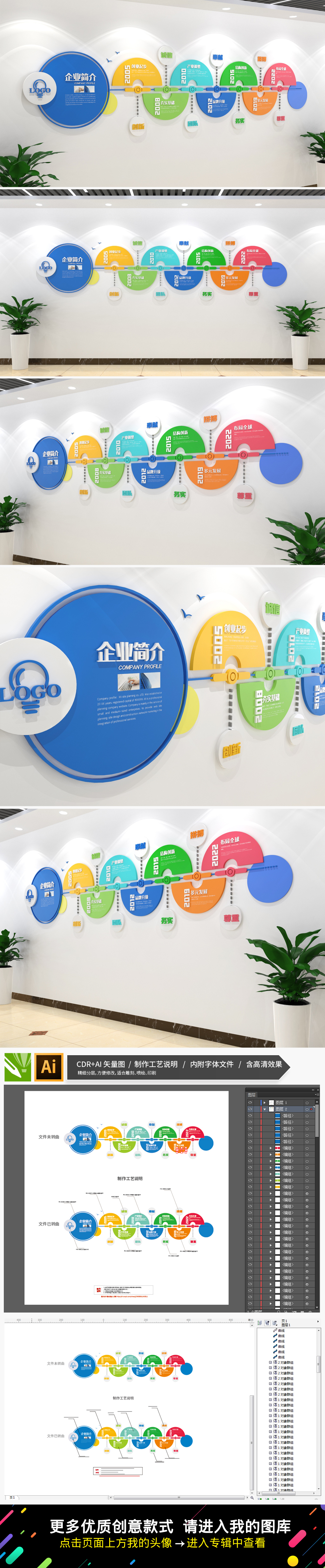 原创蓝色简约科技企业文化墙企业发展历程文化墙-版权可商用