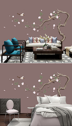 枝头鸟背景墙背景墙|新中式山水手绘玉兰花鸟壁画工笔花鸟画背景墙