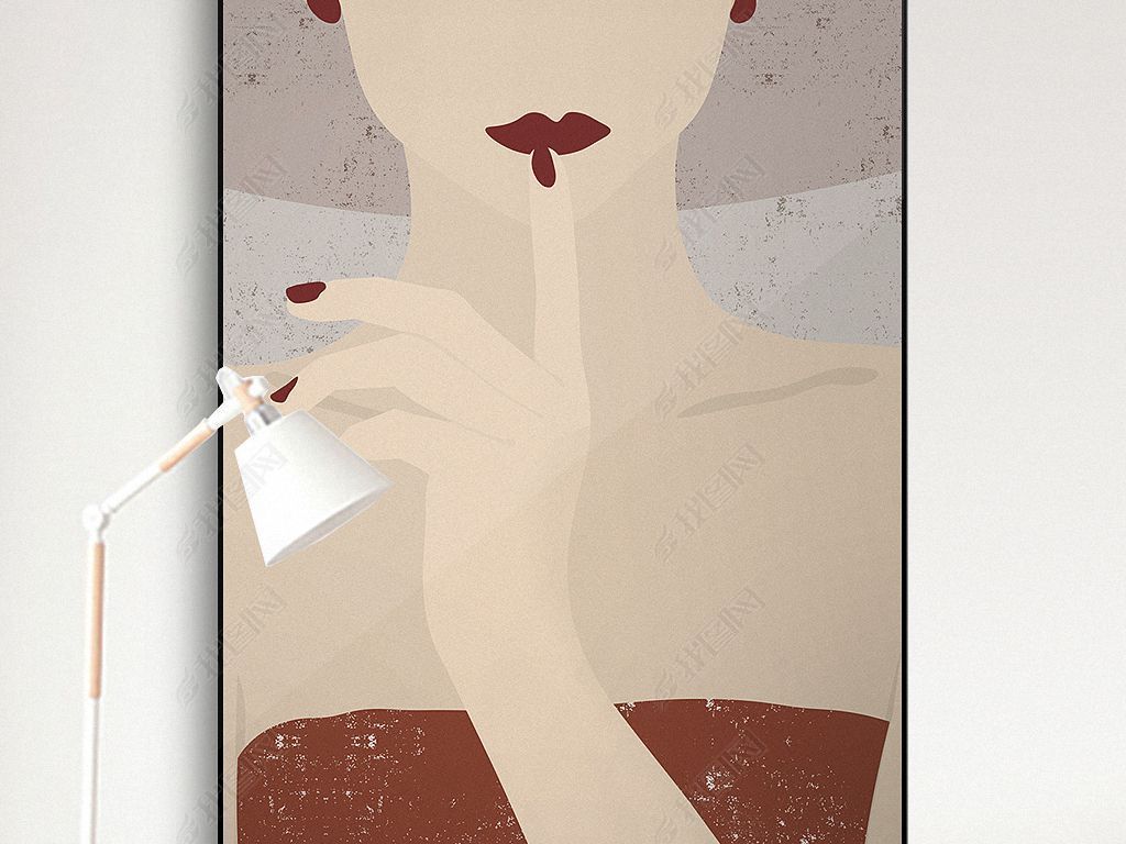 原创手绘禁声红唇手势小清新莫兰迪色人物装饰画版权可商用