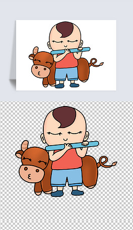 卡通牧童骑黄牛简笔画清明节习俗古诗插图插画png元素