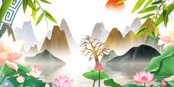 古典中国风荷花竹子江南水乡山水风景LED背景视频