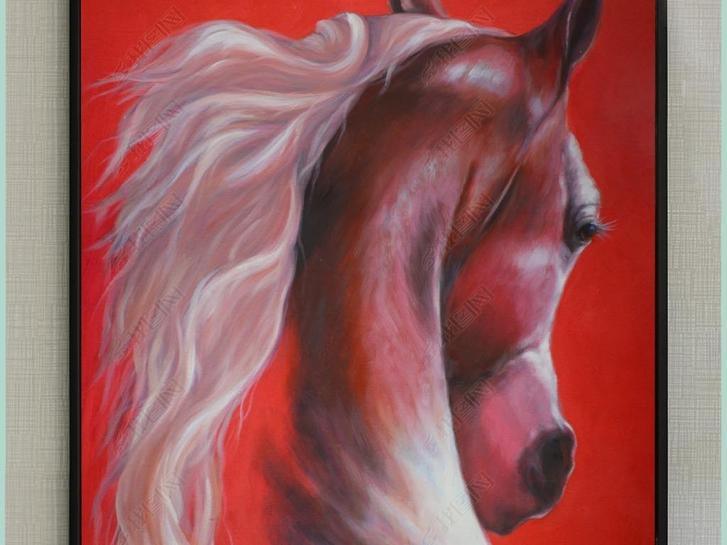 竖幅装饰油画玄关红底红枣马