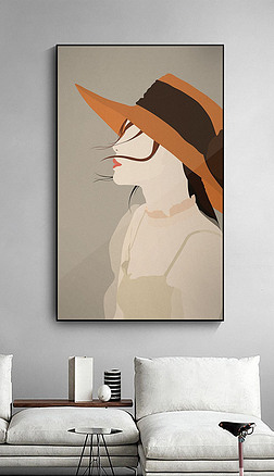 手绘复古帽子莫兰迪色高级灰人物装饰画