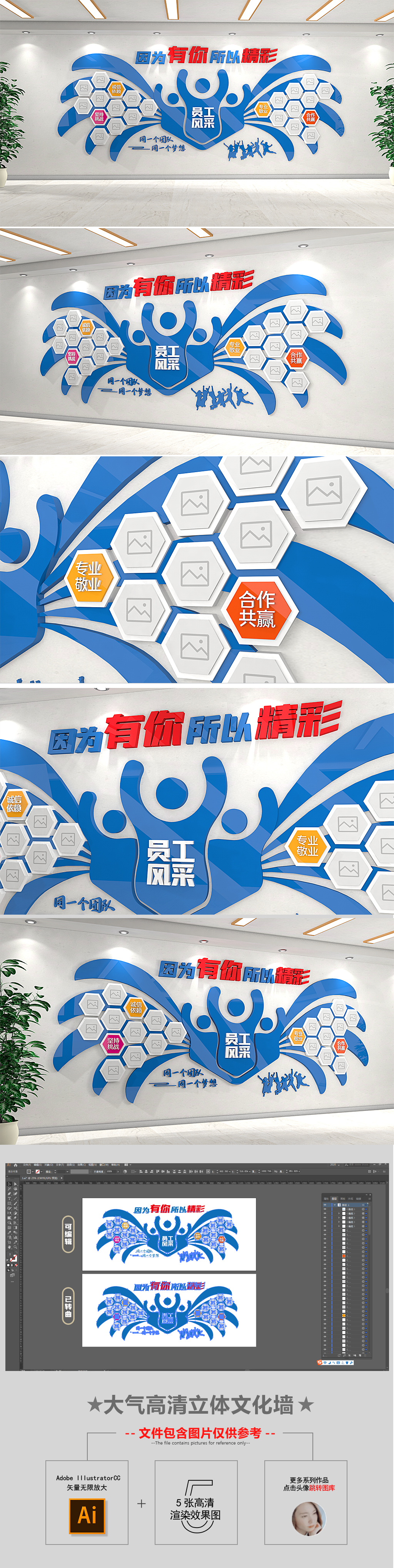 现代蓝色企业团队照片风采展示文化墙