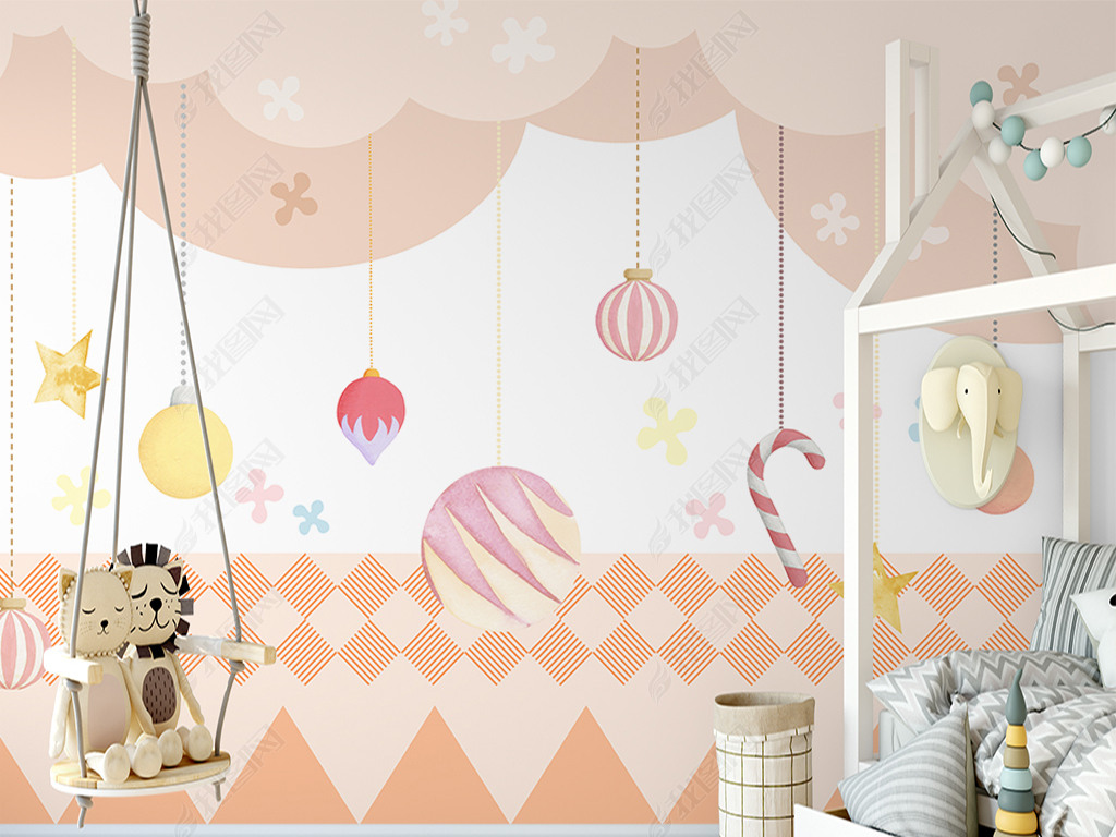 北欧手绘粉色乐园儿童房壁画墙纸室内背景墙