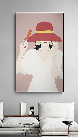 简约美女手绘帽子莫兰迪色高级灰人物装饰画