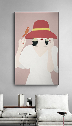 人物手绘简笔画装饰画|简约美女手绘帽子莫兰迪色高级灰人物装饰画