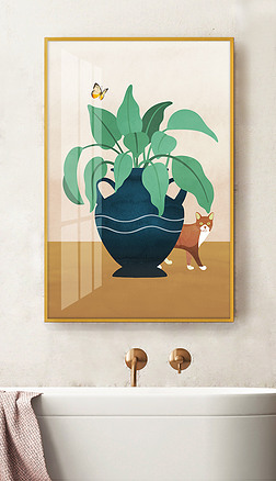 北欧简约创意手绘水彩花瓶植物小猫浴室装饰画
