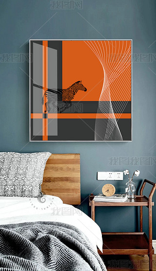 原创轻奢爱马仕橙几何斑马线条方形玄关装饰画