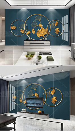 3D立体新中式金属银杏树叶禅意国潮风电视背景墙