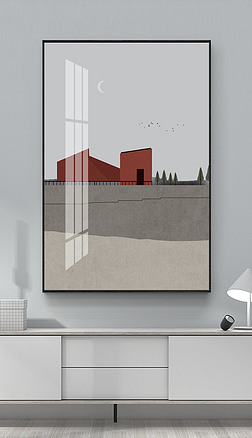 北欧现代简约手绘抽象小清新山水房子轻奢装饰画