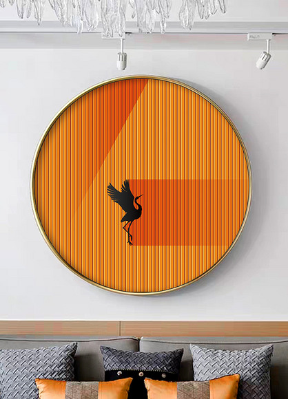 现代简约抽象仙鹤爱马仕橙色条纹圆形装饰画