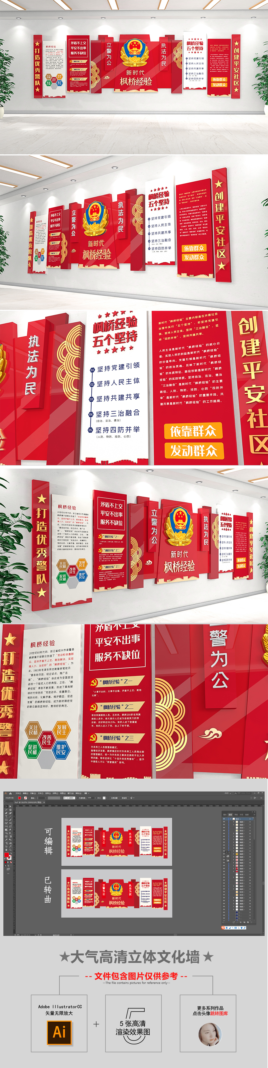 经典红色新时代枫桥经验大气公安警营文化墙