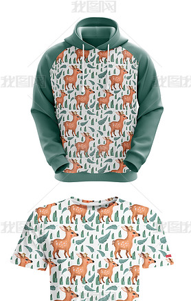 北欧风手绘热带叶子小鹿T恤图案设计