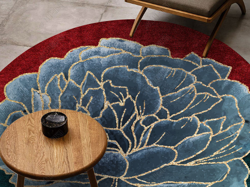 新中式地毯国风红色抽象牡丹花茶几垫卧室床边圆毯