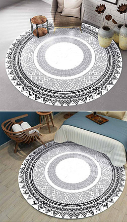 欧式时尚黑白花纹地面装饰|黑白北欧民族风花纹几何摩洛哥圆形地毯