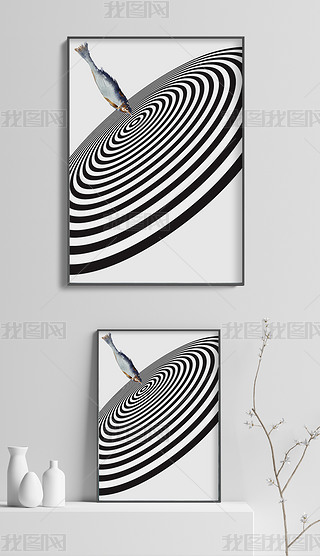北欧水彩鲤鱼黑白线条抽象画时尚家居装饰画