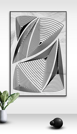 黑白灰几何线条个性装饰画装饰画|现代简约黑白灰抽象立体线条几何