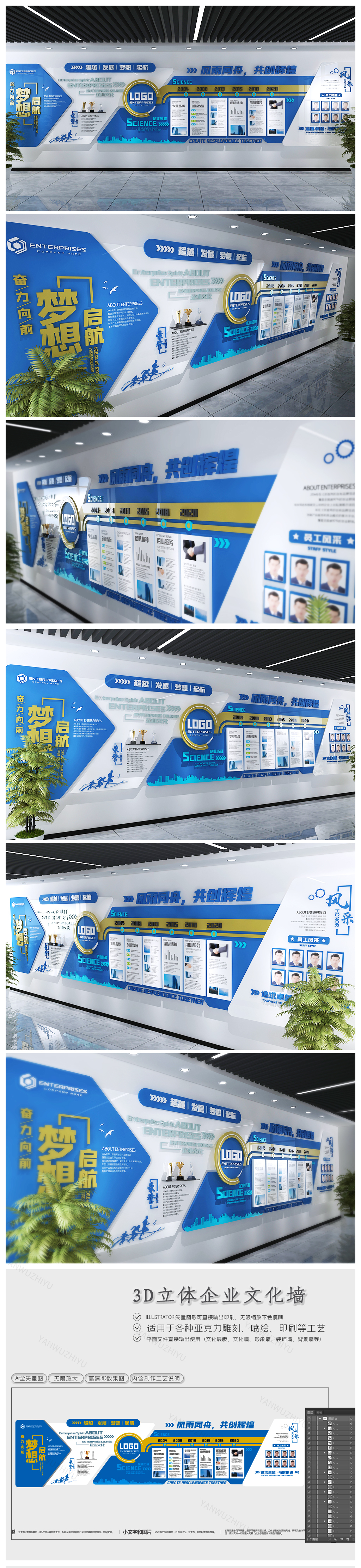 通用蓝色科技企业历程办公形象墙企业文化墙