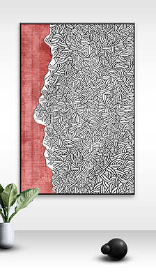 现代时尚简约黑白灰手绘几何曲线交汇线条红色肌理艺术装饰画