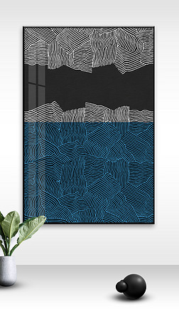 现代时尚简约黑白灰手绘几何曲线交汇曲线线条蓝色uv肌理艺术装饰画