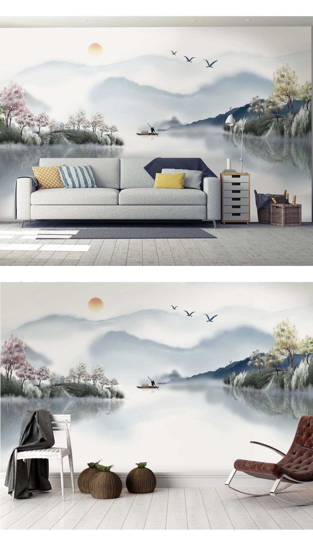 原创新中式意境山水树林小船电视沙发背景墙下载-编号23775961-中式电