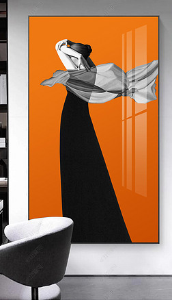 后现代时尚爱马仕橙抽象美女客厅轻奢人物装饰画--5