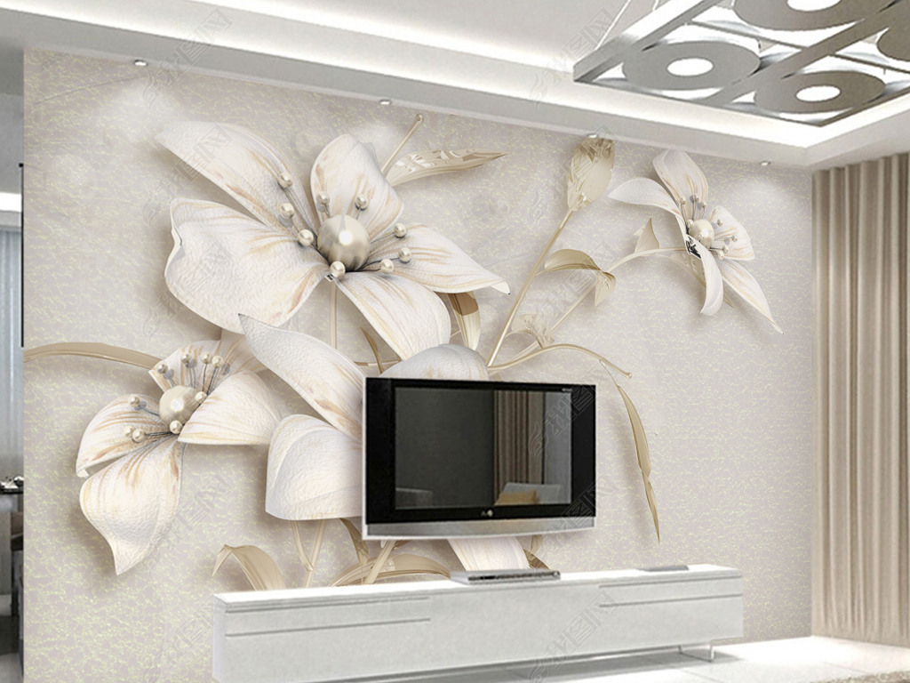 大气轻奢立体珠宝花朵3D电视沙发背景墙