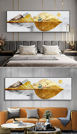 现代轻奢抽象山水金色树叶新中式风景床头画