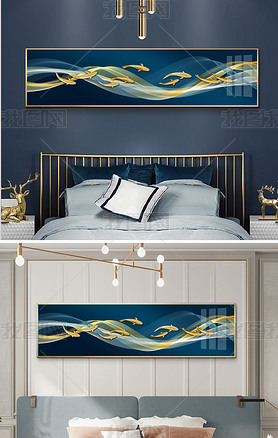 新中式富贵有余九鱼图抽象线条福禄满堂卧室床头画