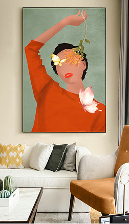 现代手绘爱马仕橙少女蝴蝶绿植北欧装饰画2