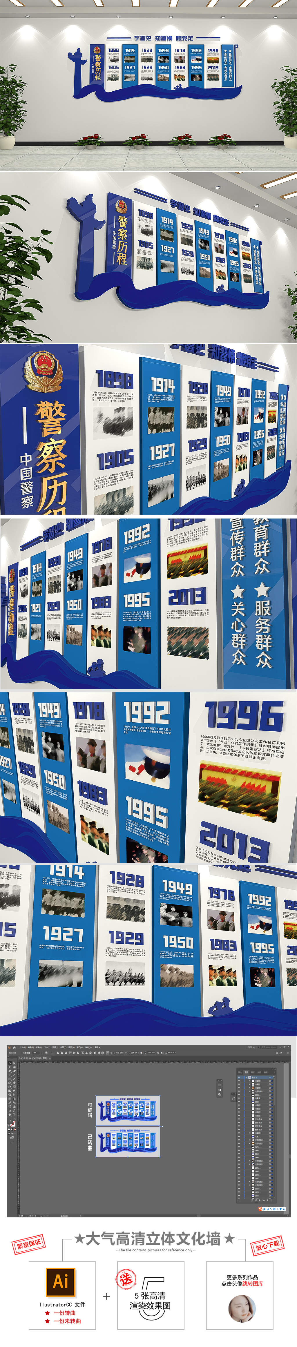 大气蓝色公安警察历程党建社区走廊文化墙