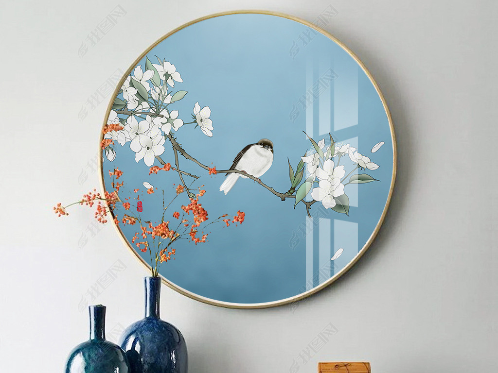 现代简约新中式手绘海棠花鸟圆形装饰画挂画下载-编号23794854-花鸟