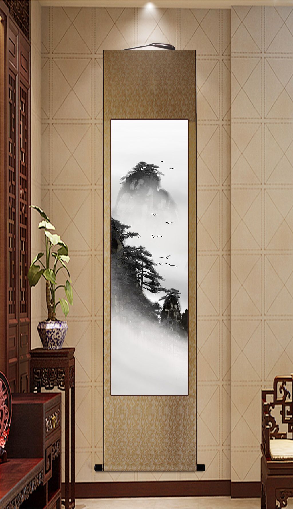 长幅竖版卷轴水墨山水玄关书房装饰画