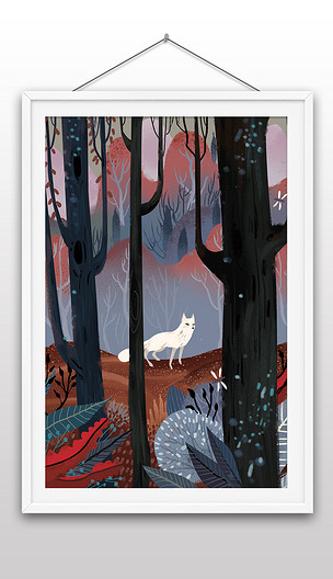 原创童话森林自然动物插画手绘装饰画.psd