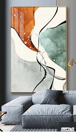 后现代时尚爱马仕橙抽象线条水墨色块手绘艺术轻奢玄关餐厅装饰画