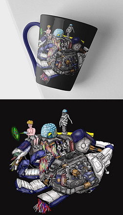 手绘机械家居图案|卡通风手绘机械心脏马克杯图案设计