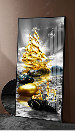 一一帆风顺 玄关装饰画|现代简约金色一帆风顺石来运转麋鹿客厅玄关