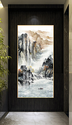 水墨画风景玄关玄关|新中式山水画水墨风景国画写意玄关背景墙玄关画